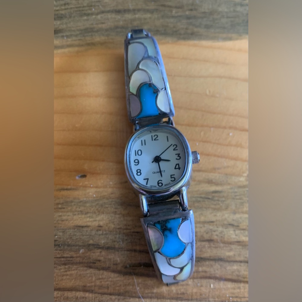 Sterling Silver, Mother of Pearl, and Turquoise inlay Quartz Watch